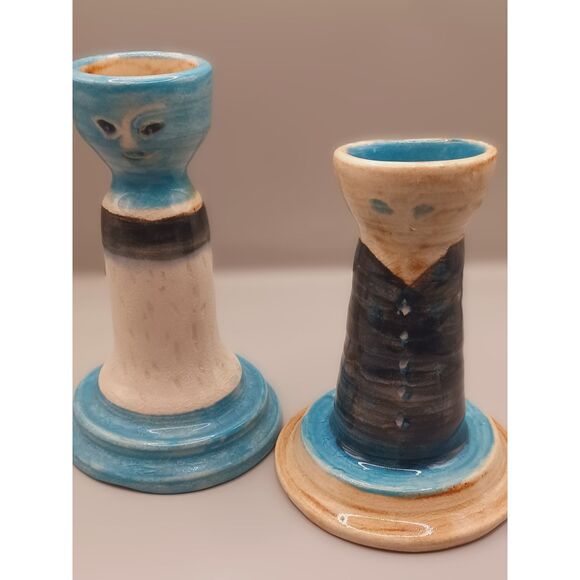 Arts and Crafts Studio Art Pottery "Picasso Style" Man & Woman Candlestick Set - Picture 7 of 16